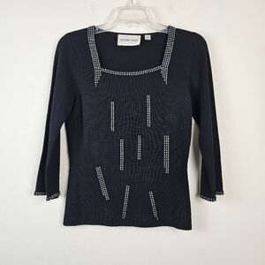 VICTOR COSTA VINTAGE Crystal details Knit Black Top Size Small